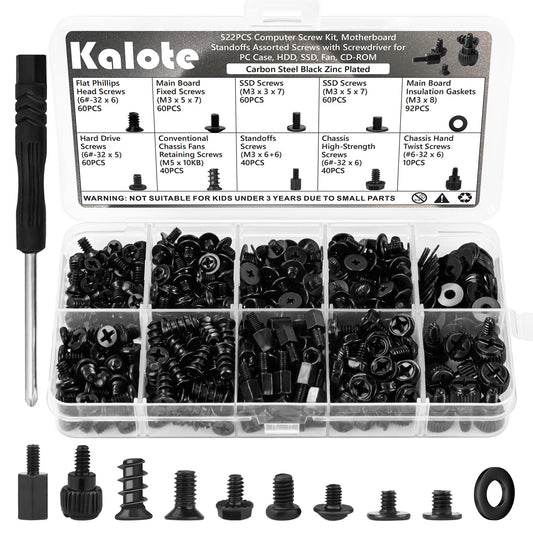 Kalote 522PCS Computer Screw Kit, Carbon Steel Rust-Resistant Laptop PC Screws Assortment Set with M.2 SSD Screws, Motherboard Standoffs, HDD Case Fan
