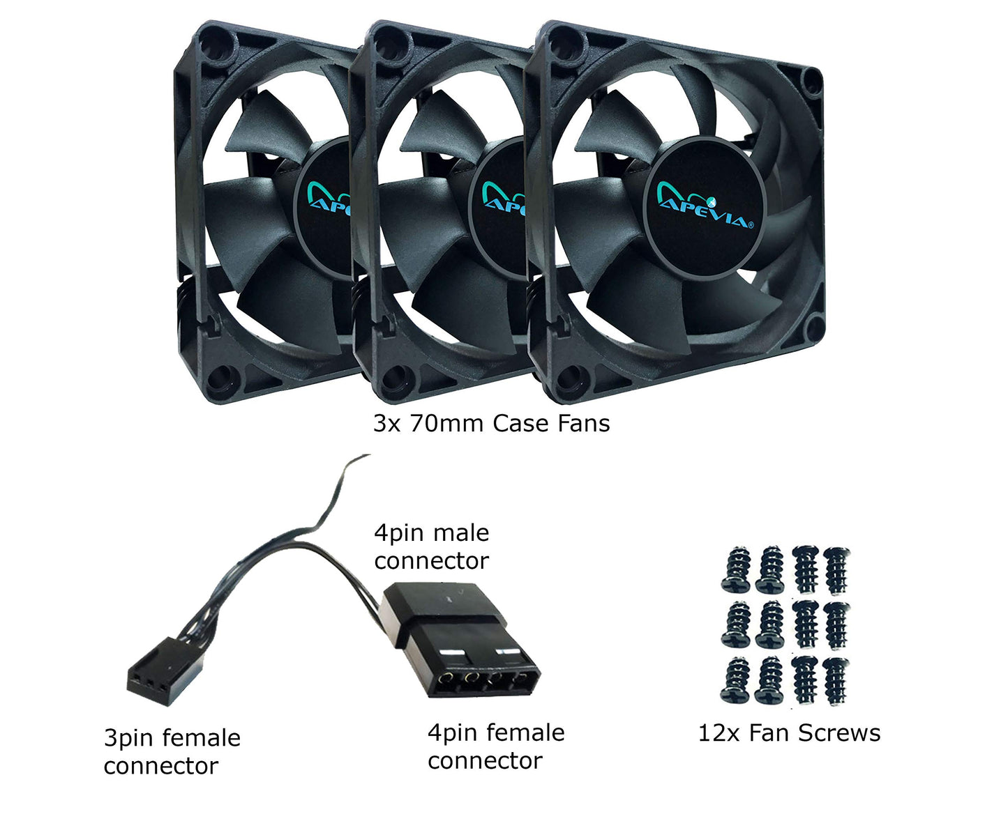 Apevia CF7025S-3 (3 Pk) 70mm x 70mm x25mm Black Case Fan W/4PIN Molex + 3PIN Motherboard Adapter