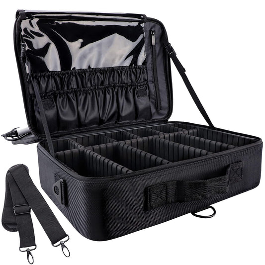 GCZC Large 16.5" Travel Makeup Train Case – Professional Cosmetic Organizer with Adjustable Dividers, Brush Storage & Shoulder Strap (Black)