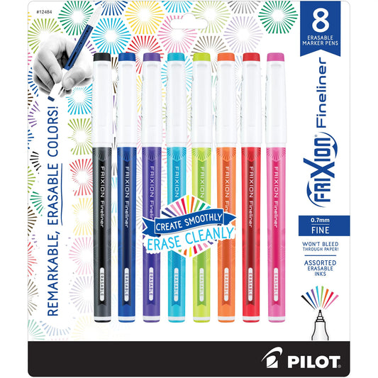 Pilot FriXion Fineliner Erasable Marker Pens, Fine Point 0.7 mm, Pack of 8, Vivid Colors, Erasable Pens - Ideal for School, Journaling, & Office