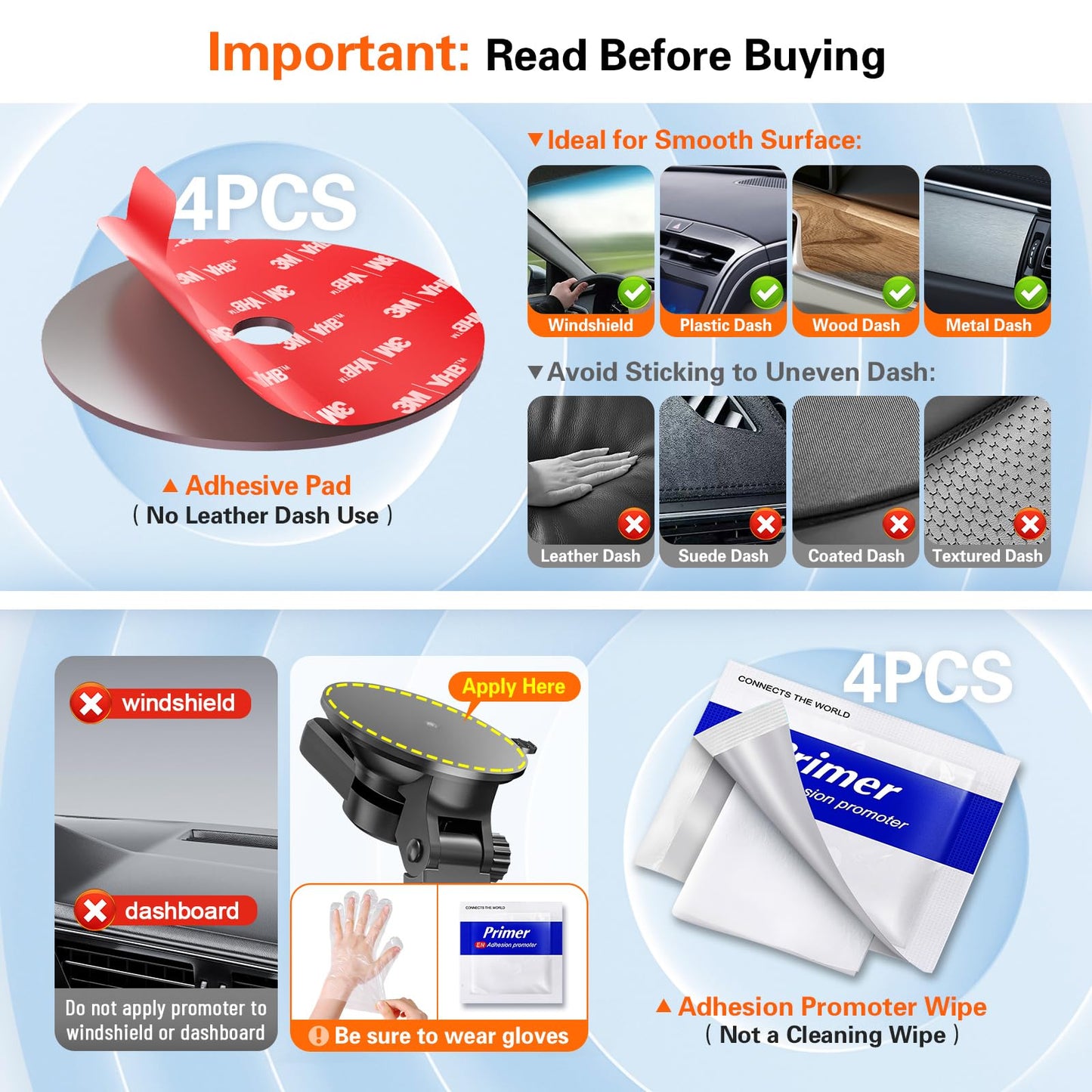 Adhesive Sticky for Car Phone Mount: 4 Pcs 75mm Double Sided Pad with Adhesion Promoter for Suction Cup Holder - Heat Resistant Replacement Tape