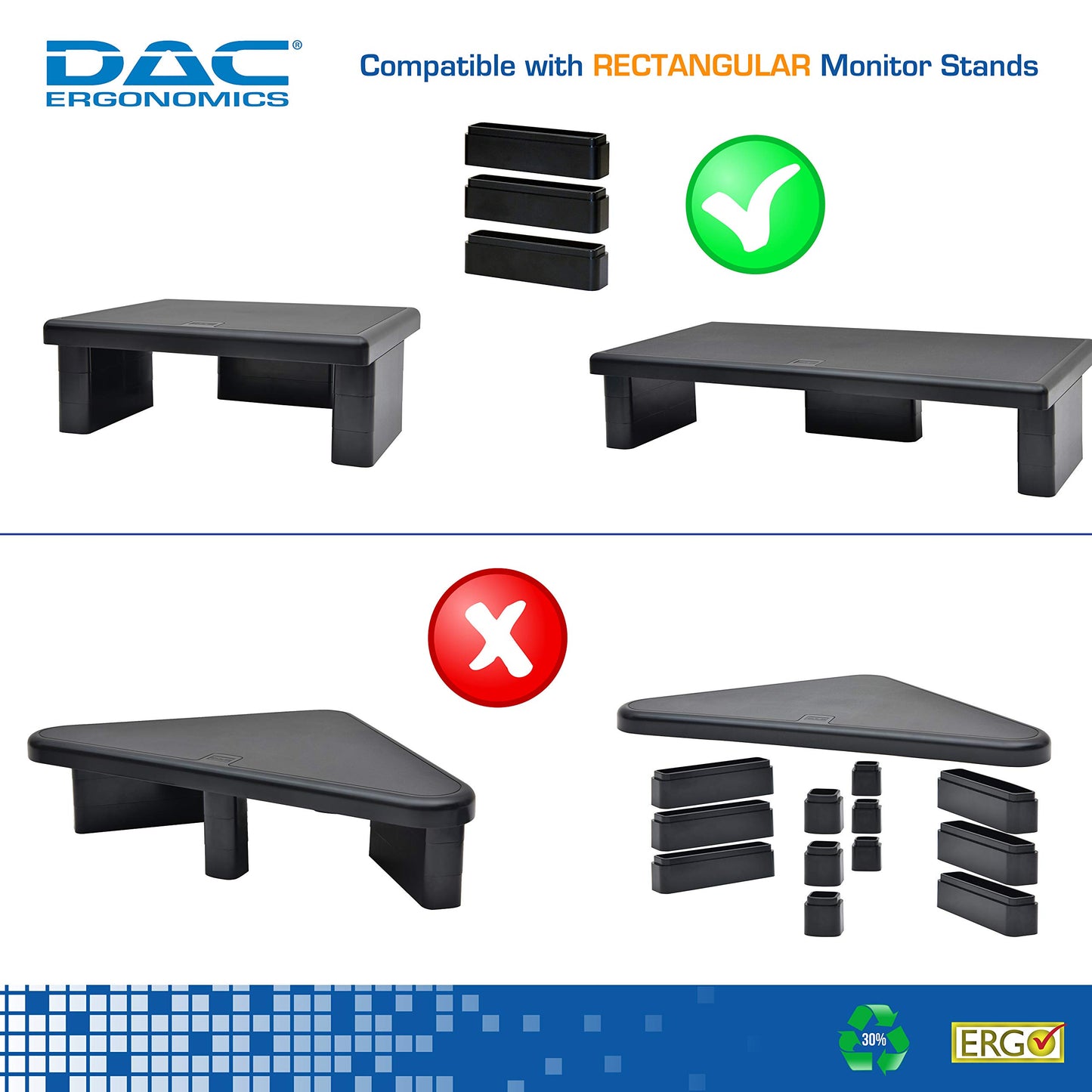 DAC Stax Leg Block Kit for Height-Adjustable Rectangular Monitor Stand, 3-Piece, Raise Monitor Riser by 1-1/4"