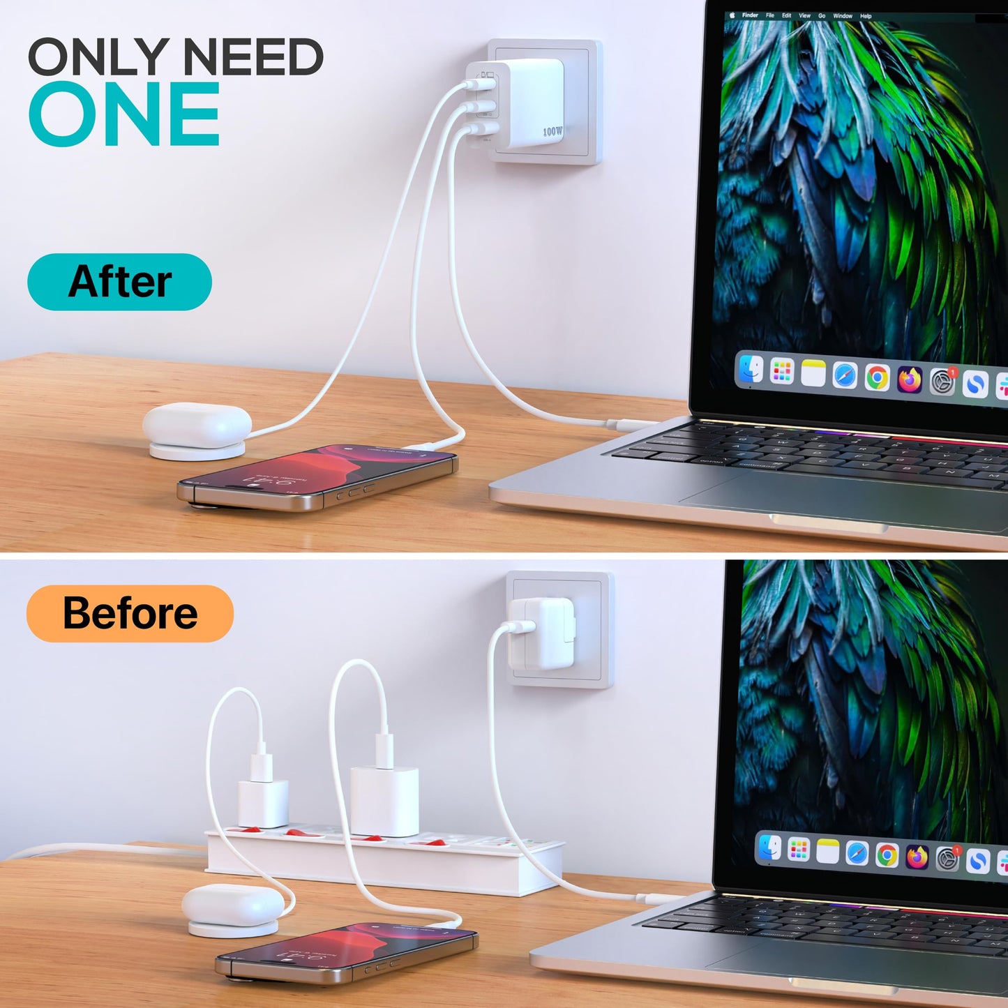 TT&C USB C Charger Block 100W (Total Output), 3-Port GaN PPS Fast Charging Station, Type C Plug Brick Compatible with iPhone 17 16 15 Pro Max, MacBook