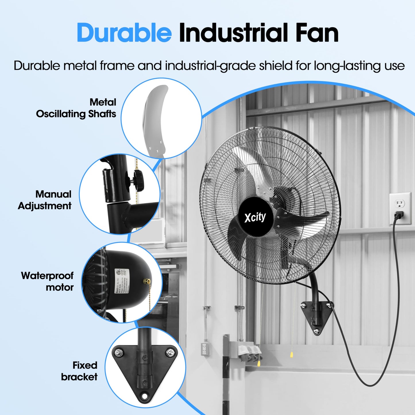 Xcity 18 inch Industrial Wall Mounted Oscillating Fan, 3-Speed, High Velocity, Max 4200 CFM, Adjustable Tilt, Heavy Duty Metal Outdoor Fans for Patio