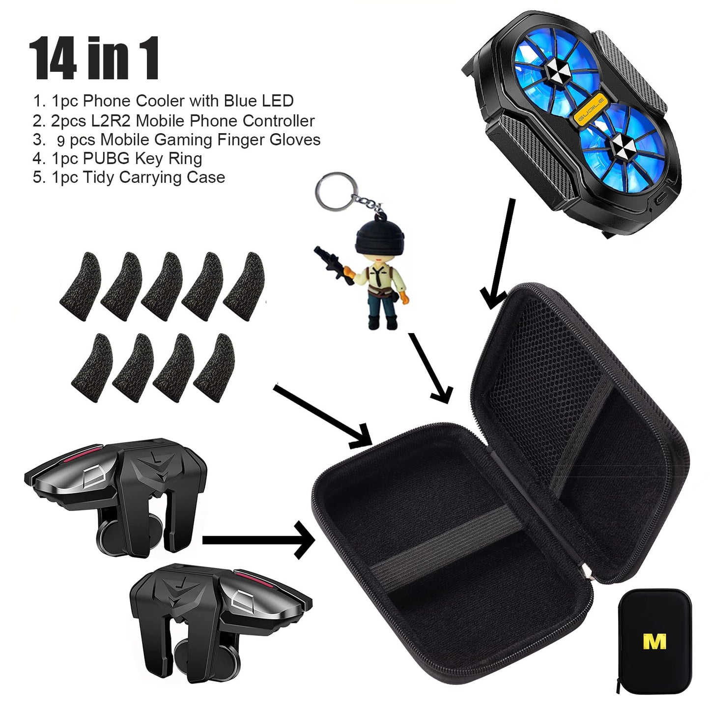 14 in 1 Mobile Phone Dual Cooler with LED Light, Cell Phone Cooling Fan Radiator, 2pcs L2R2 Mobile Game Controller Triggers for PUBG/Fortnite/Call