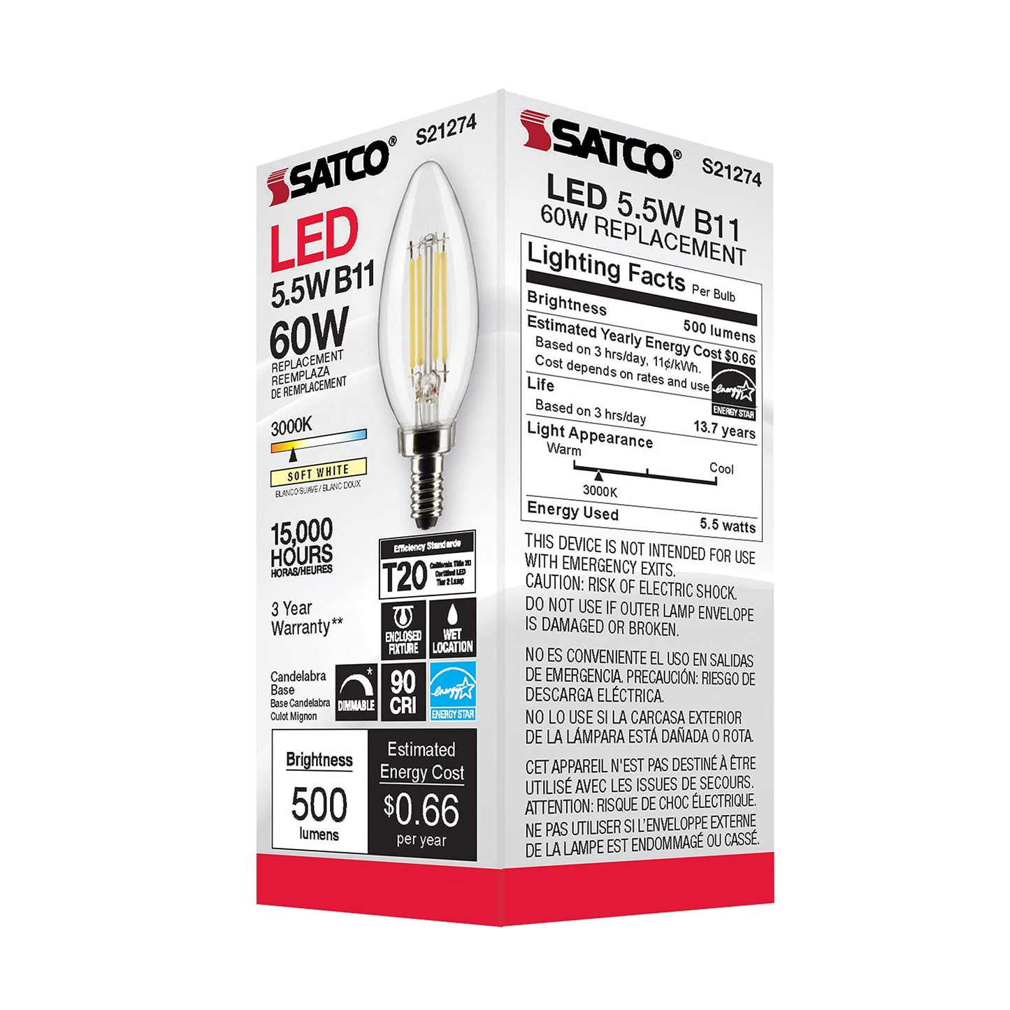 Satco S21274 5.5W LED B11 Clear Candelabra Bulb, 3000K Warm White, 6 Pack
