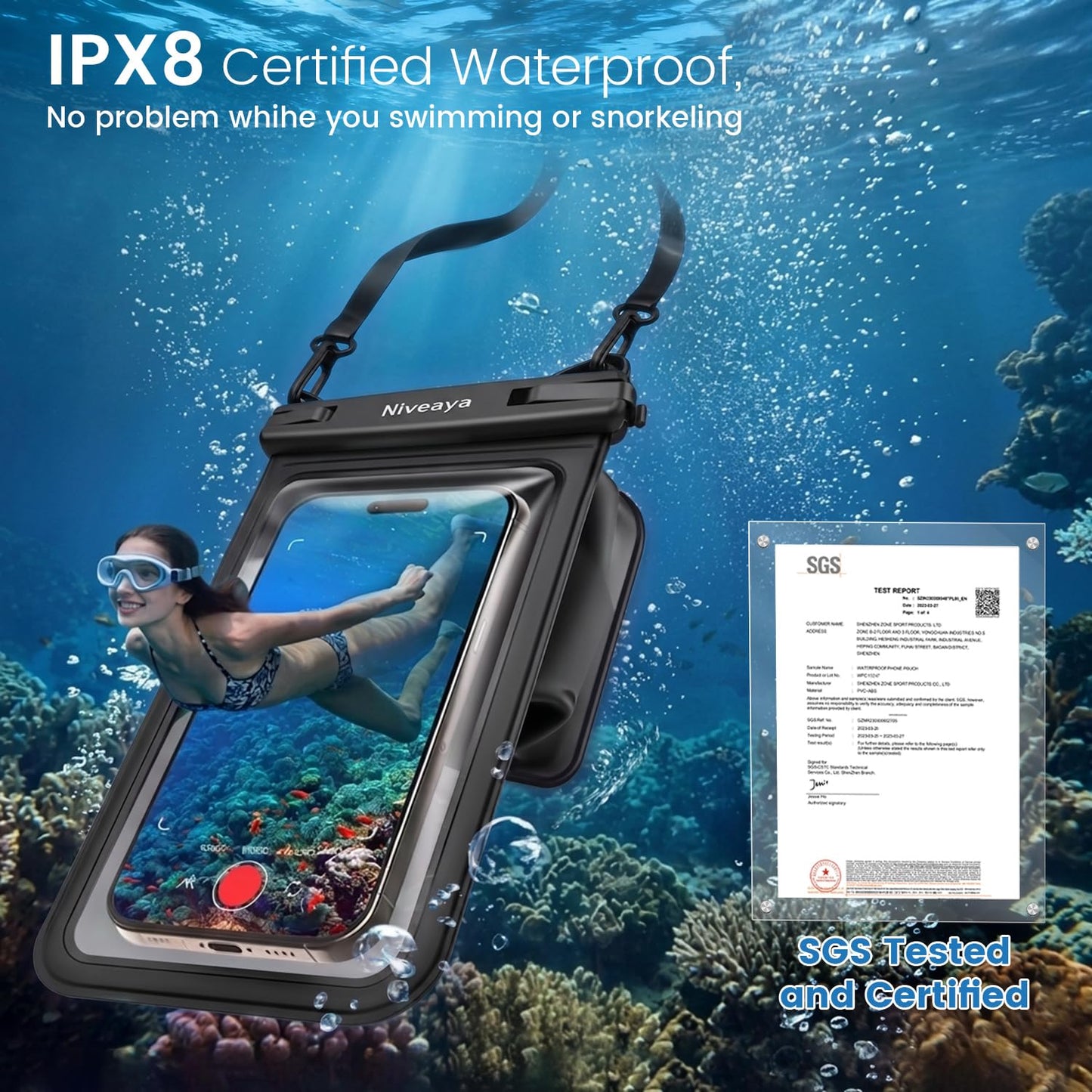 Niveaya [Floatable Floating Waterproof Phone Pouch 2 Pack-Up to 8.5", Large Space Adjustable Neck Lanyard Waterproof Phone Case, Phone Dry Bags