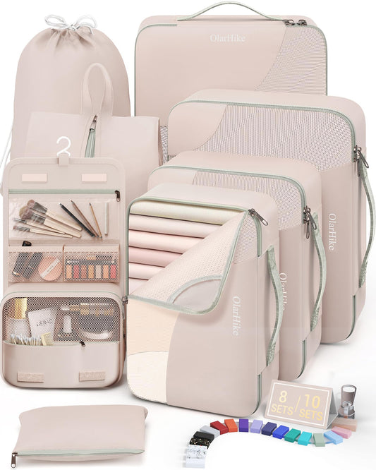 OlarHike 10/8 Set Packing Cubes for Travel – Anti-Tear Luggage Organizers w/ Shoe & Toiletry Bag, Gifts for Women & Cruise Trips