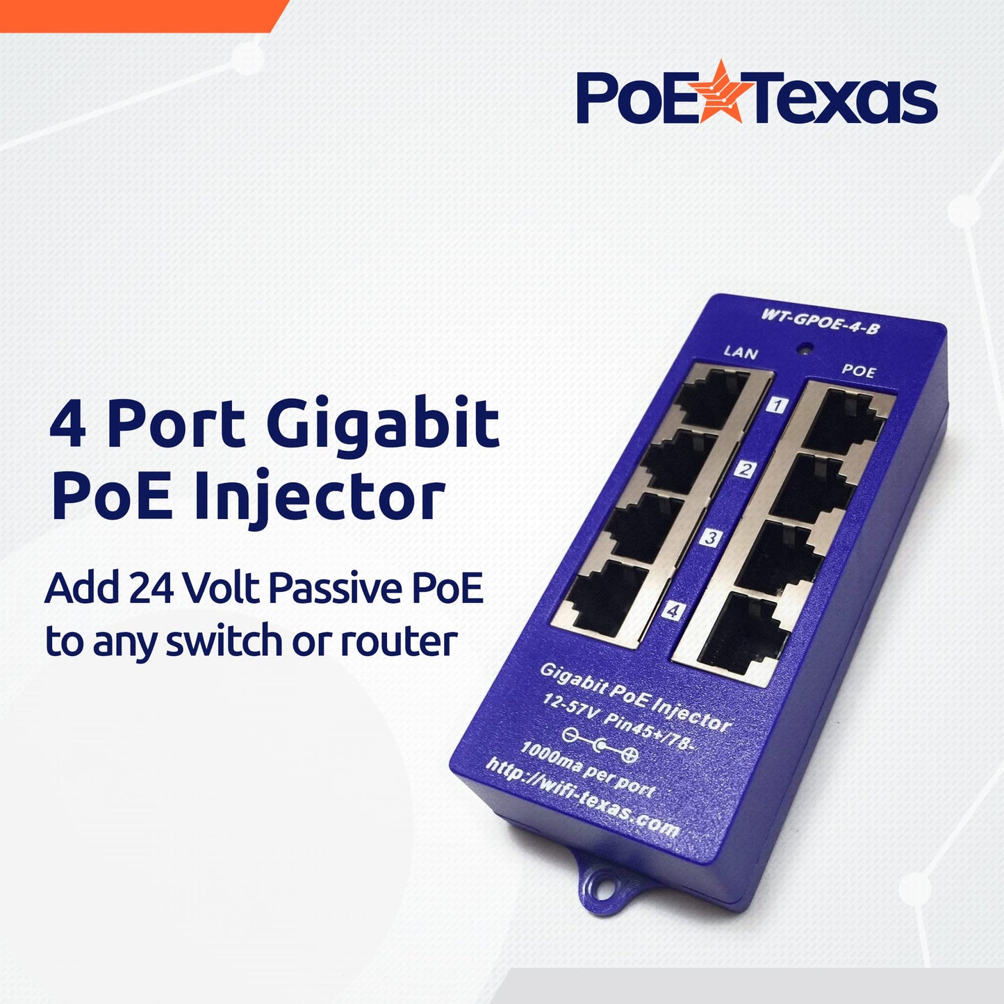 PoE Texas 4 Port 24V Passive PoE Injector with 24V 30W UL/FCC Certified Power Supply - Gigabit Injector - Passive Power Over Ethernet Multi Port PoE