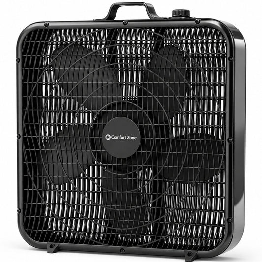 Comfort Zone Box Fan with Carry Handle, 20 inch, 3 Speed Full-Force Air Circulation with Air Conditioner, Floor Fan, Bedroom Fan, Airflow 15.03