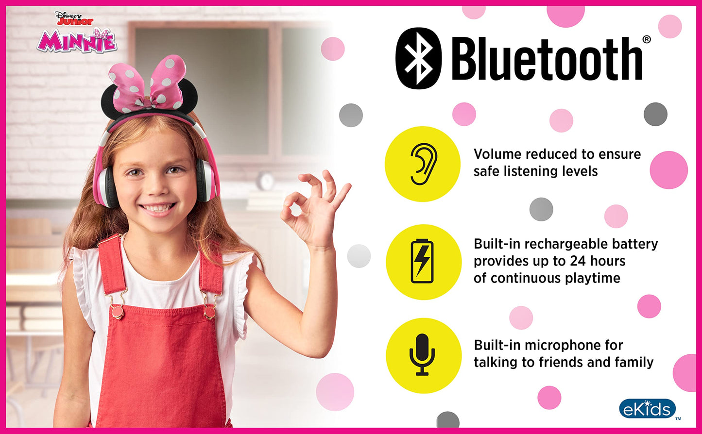 eKids Minnie Mouse Kids Bluetooth Headphones, Wireless with Microphone Includes Aux Cord, Volume Reduced Foldable Headphones for School, Home, or