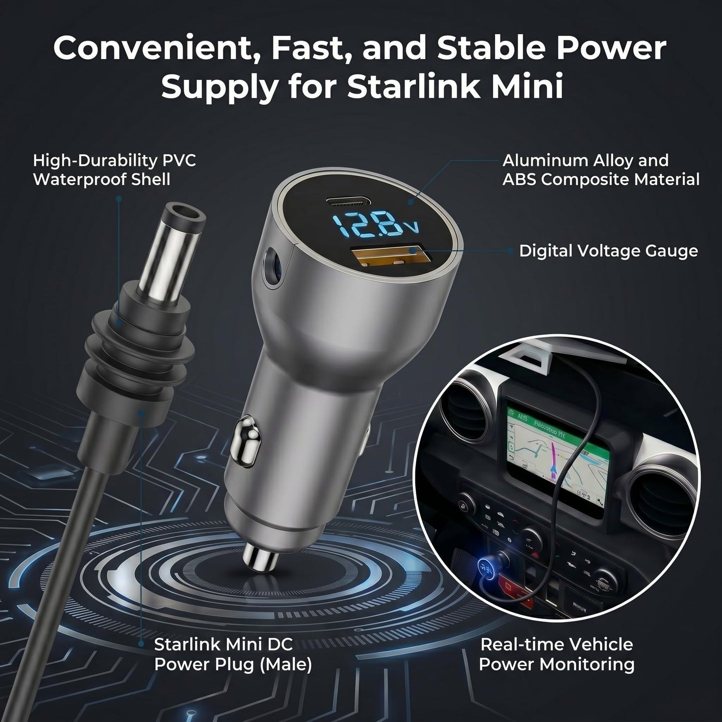 Starlink Mini 10FT Car DC Power Cable, 12V Cigarette Lighter Charger with USB-C & USB-A Dual Ports, Portable Power Adapter for RV Truck Boat SUV