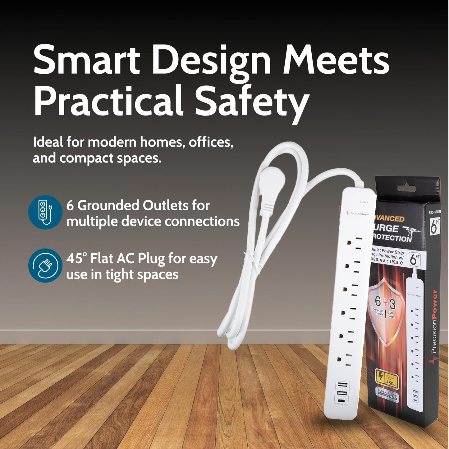 Precision Power Surge Protector Extension - Heavy Duty 6-Feet Cord with 6 Outlets, 3 USB Ports, Multi-Outlet Use w/LED Lights Indicator, Ideal
