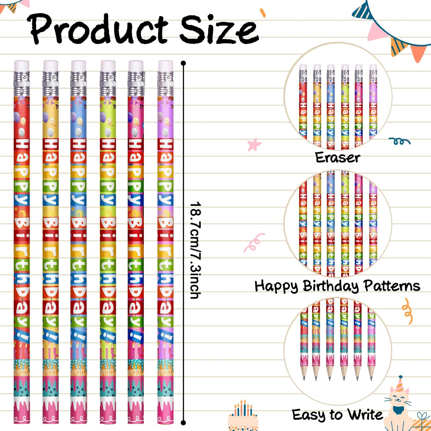 emzrivo 48 Pcs Happy Birthday Pencils Colorful Birthday Pencil for Students Teacher Wooden Pencils with Erasers Birthday Party Supplies, 6 Style(48)