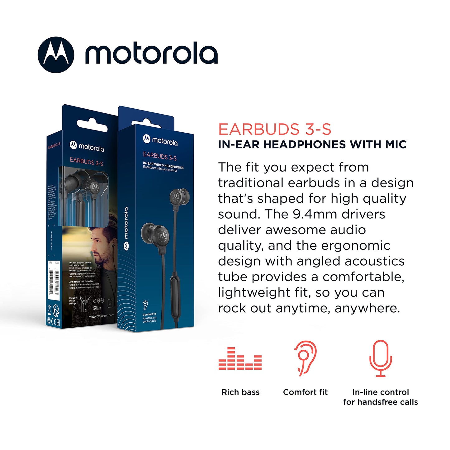 Motorola Earbuds 3-S Wired Earbuds with Microphone - Corded in-Ear Headphones, Comfortable Lightweight Silicone Ear Buds, Non-Tangle Flat Cable…