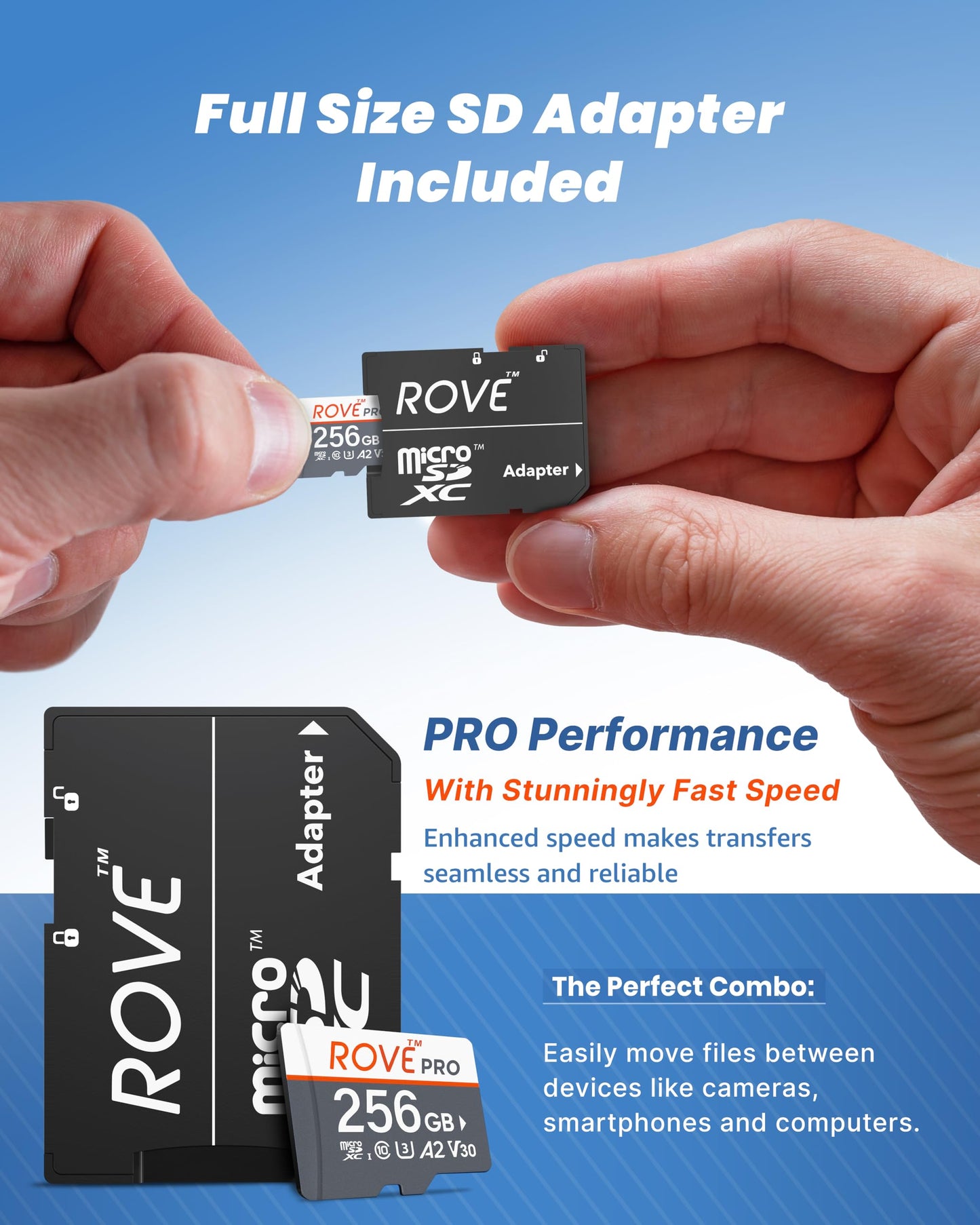 ROVE PRO Micro SD Card microSDXC 256GB Memory Card with Full-Size SD Adapter 100MB/s Read Speed, C10, U3, V30, 4K, A2 for Dash Cam, Android Smart