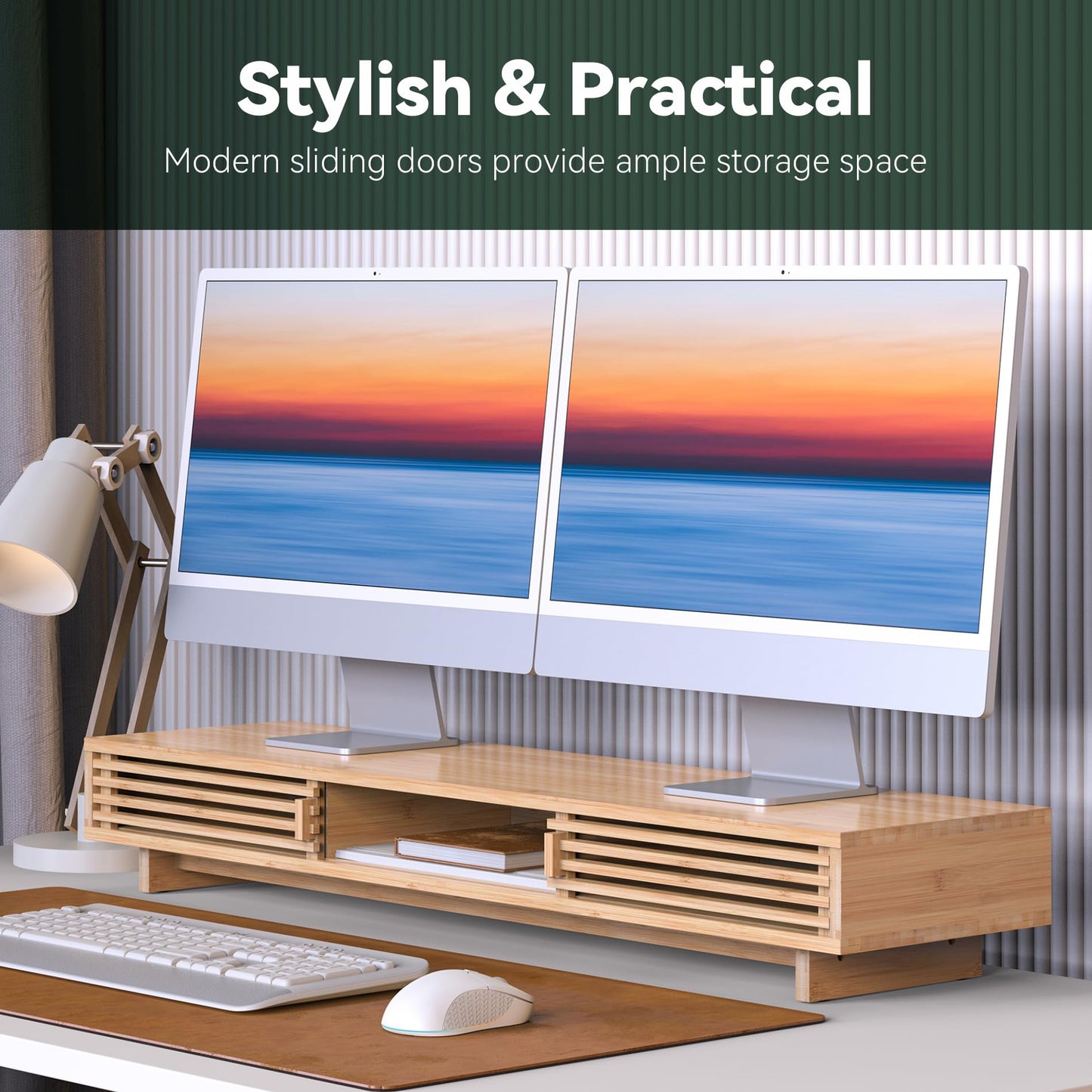 WELL WENG Dual Monitor Stand Riser with Sliding Door, Double Computer Laptop Stand Desk Shelf Organizer with Storage for 2 Monitors (Natural Bamboo