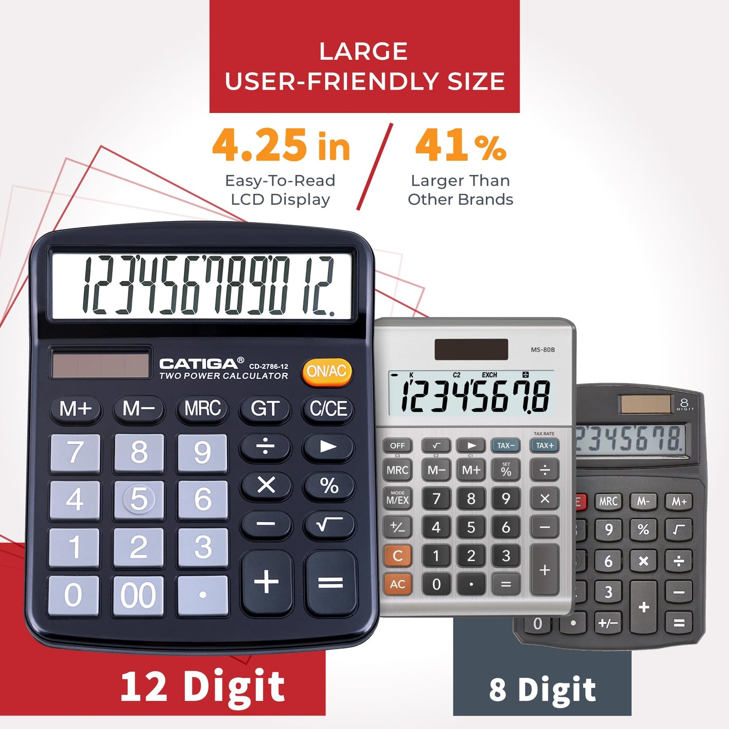CATIGA 12 Digit Desk Calculator, Desktop Calculators with Large LCD Display & Big Buttons, Dual Power Solar & Battery, Standard Basic 4 Function