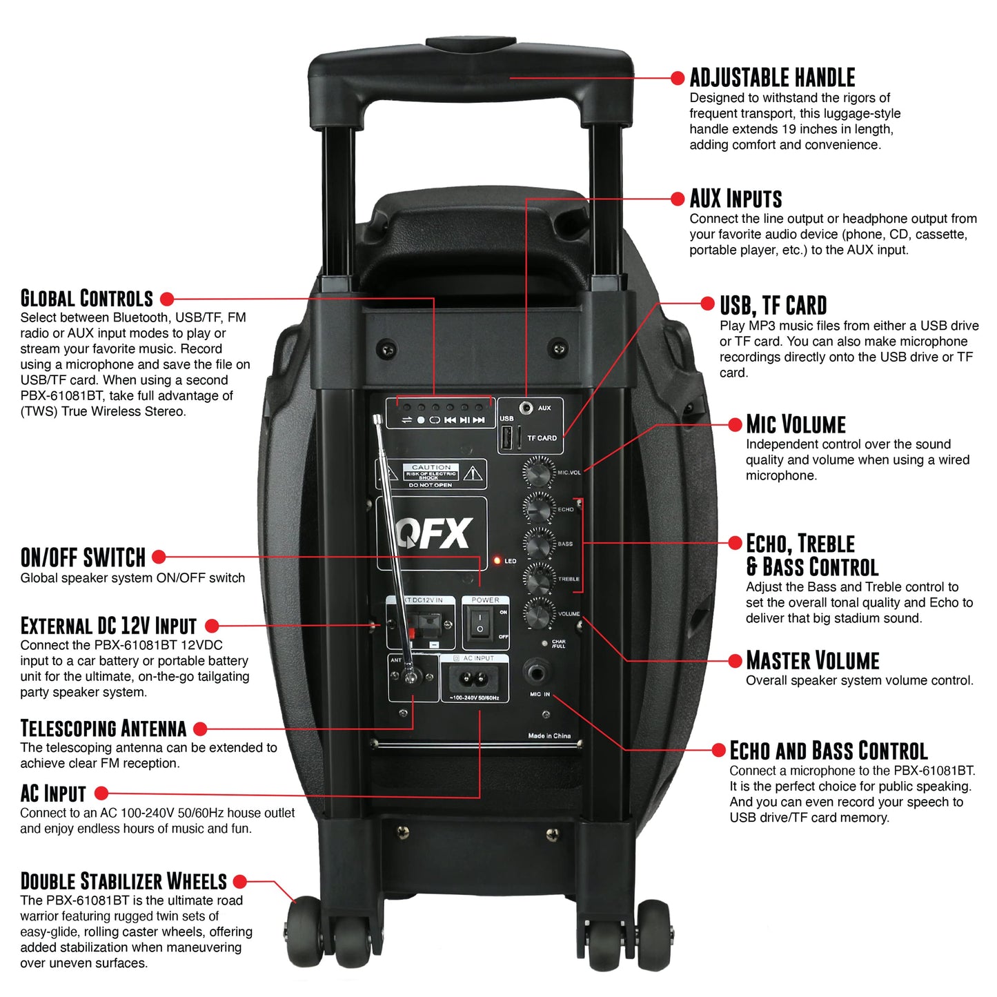 QFX PBX-61081 Rechargeable Portable Speaker | 8" Woofer | 400 Watts | Bluetooth, AUX, SD Card, FM Radio | Handle, Wheels, 12 Lbs | Perfect