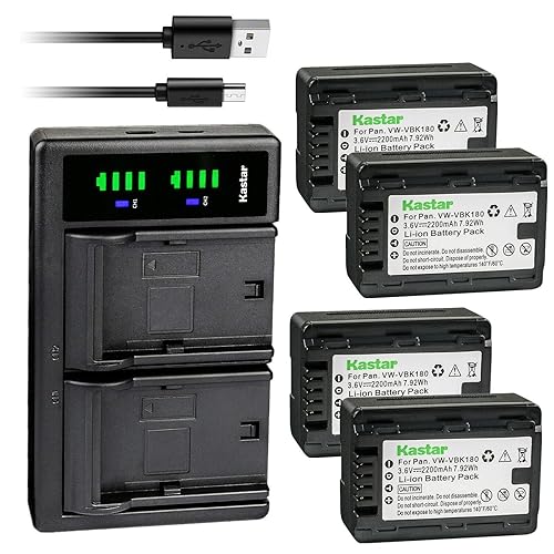 Kastar 4-Pack VW-VBK180 Battery and LTD2 USB Charger Replacement for Panasonic HDC-SD80P, HDC-SD80PC, HDC-SD80R, HDC-SD90, HDC-SD90EB-W-2012