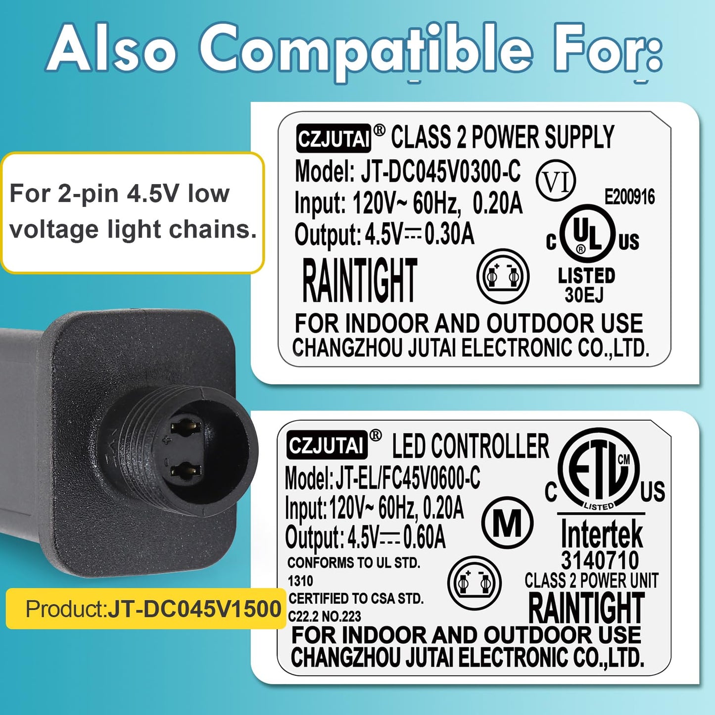 CZJUTAI JT-DC045V1500 Premium 4.5V 1.5A 6.75W LED Power Supply - Class 2 Transformer, IP44 Waterproof, US Plug for Christmas and String Lights, Indoor
