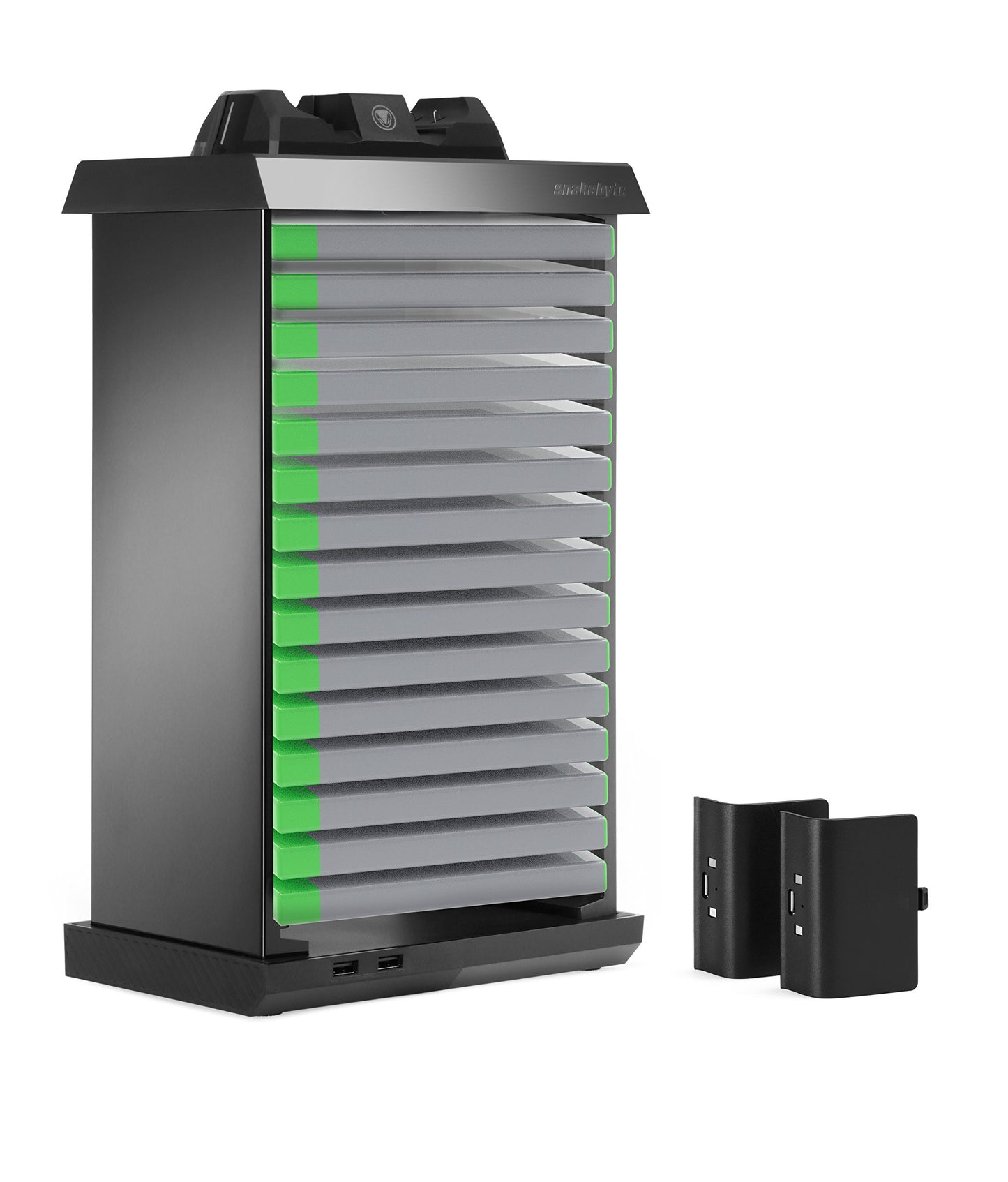 Snakebyte XBOX One Charge Tower Pro - Twin Docking Station with Games Tower for 15 Games, Charger and Battery Packs for 2 Controllers and 2 USB Ports