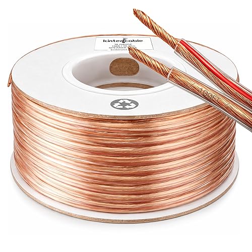 Kinter Cable 100ft 16-Gauge Audio Stereo Speaker Wire Cable, 100 Feet, 30.48 Meters, 2 Conductor, Polarity Marked, Flexible Clear PVC, CCA, Home