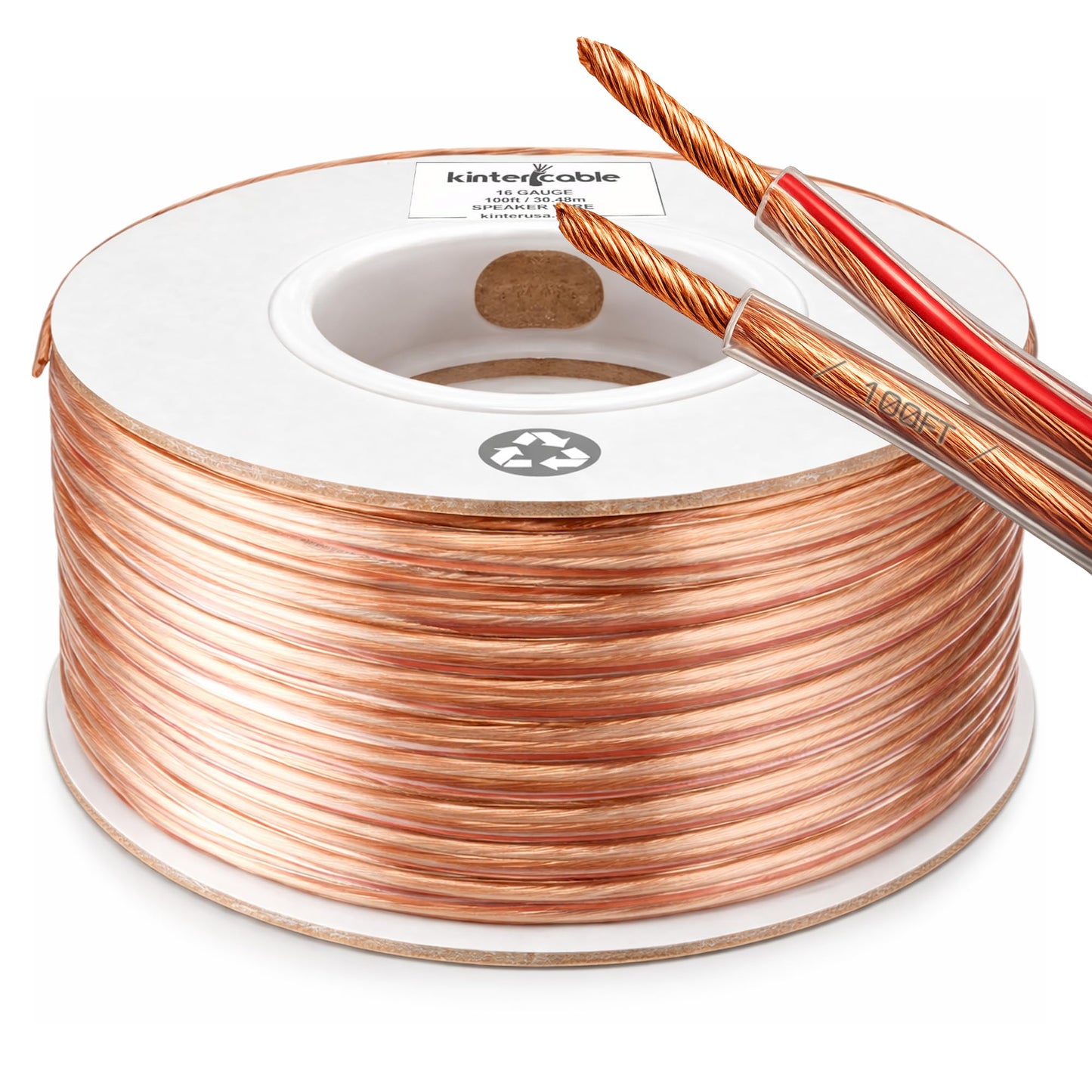 Kinter Cable 100ft 16-Gauge Audio Stereo Speaker Wire Cable, 100 Feet, 30.48 Meters, 2 Conductor, Polarity Marked, Flexible Clear PVC, CCA, Home