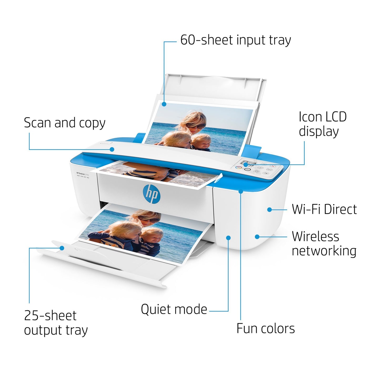 HP DeskJet 3755 Compact All-in-One Wireless Printer with Mobile Printing, HP Instant Ink & Amazon Dash Replenishment ready - Blue Accent (J9V90A)