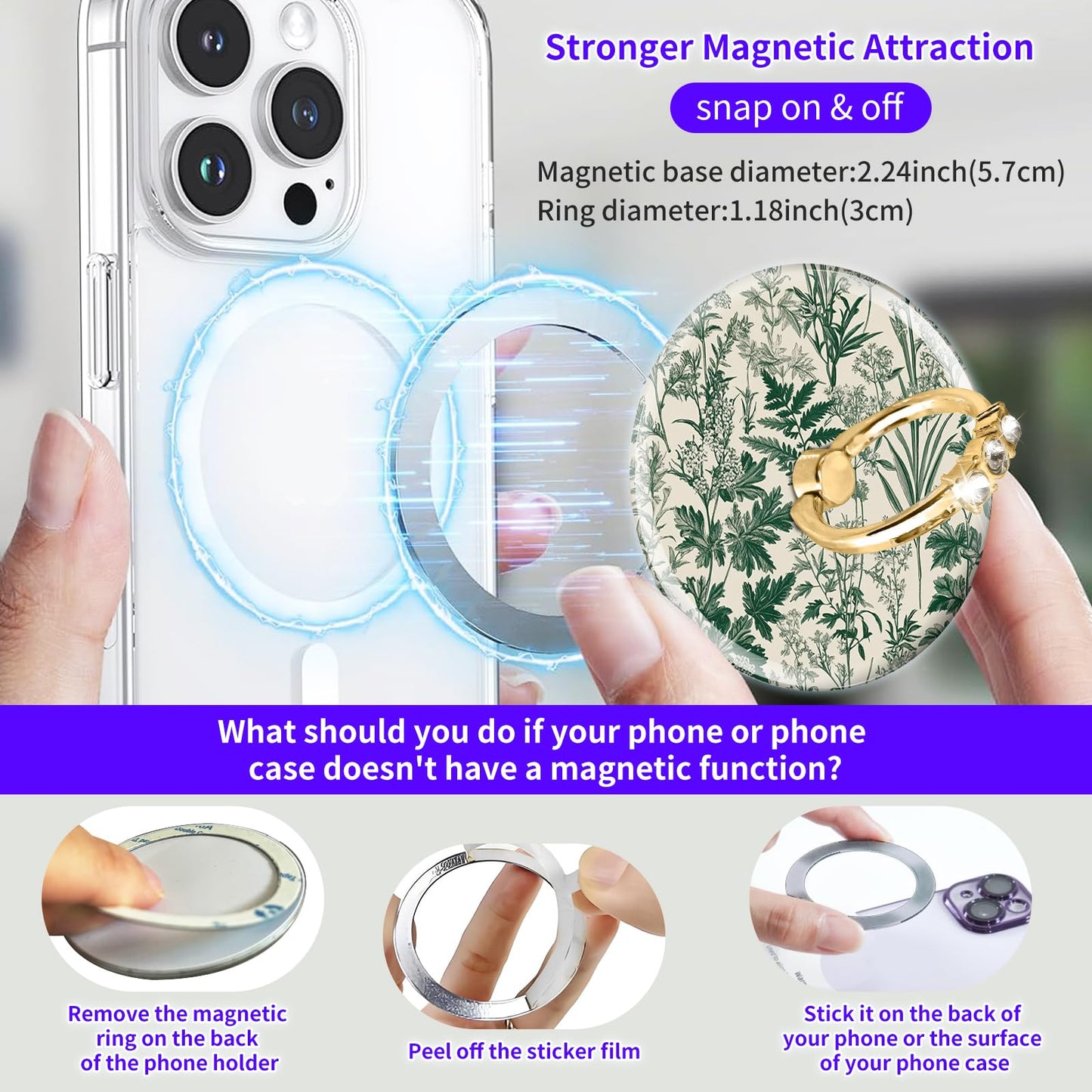 DANHRO Magnetic Phone Ring Holder Compatible with MagSafe, Cute Phone Grip Stand with 360° Rotation Gold Glitter Finger Ring Kickstand Accessories