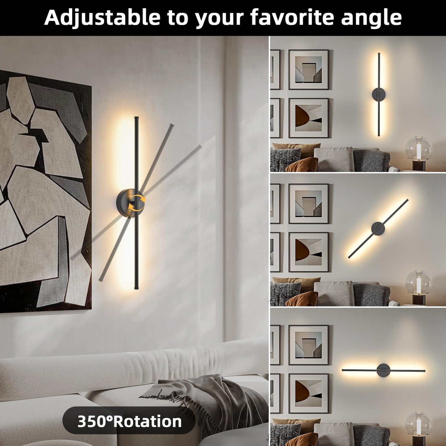 Povectolay Wall Sconces Battery Operated Set of 2, Black LED Wireless Wall Sconce with Remote Control 350° Rotating, 27.6 Inch Dimmable USB