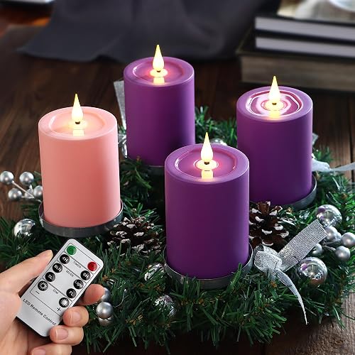 Yunsheng Flameless Advent Candles Purple and Pink, 5 Inch Battery Operated LED Pillar Candles With Remote Timer, 350+ Hours Long Lasting for Christmas