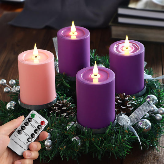 Yunsheng Flameless Advent Candles Purple and Pink, 5 Inch Battery Operated LED Pillar Candles With Remote Timer, 350+ Hours Long Lasting for Christmas