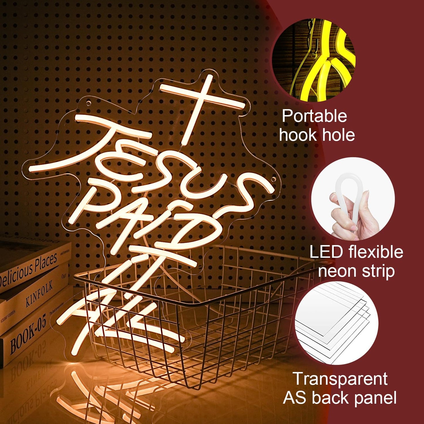 LIUOZHTEA Jesus Paid It All Neon Sign Warm White Cross Neon Light for Wall Decor Dimmable Jesus Cross LED Light Up Sign for Christian Church Christmas