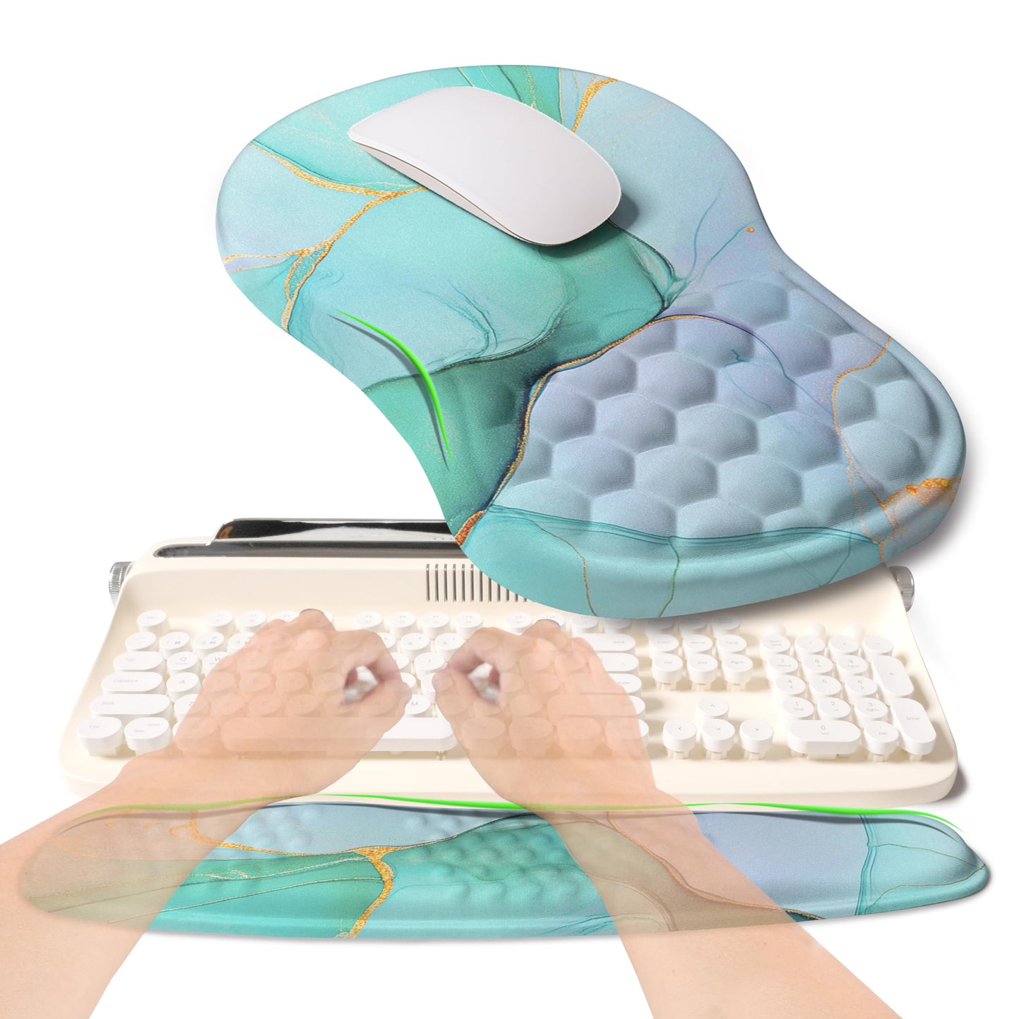 KUOSGM 2-in-1 Ergonomic Set, Wave Rise Keyboard Wrist Rest and Massage Bulge Slope Mouse Pad Wrist Support, Cushion Memory Foam Integrated to Relieve