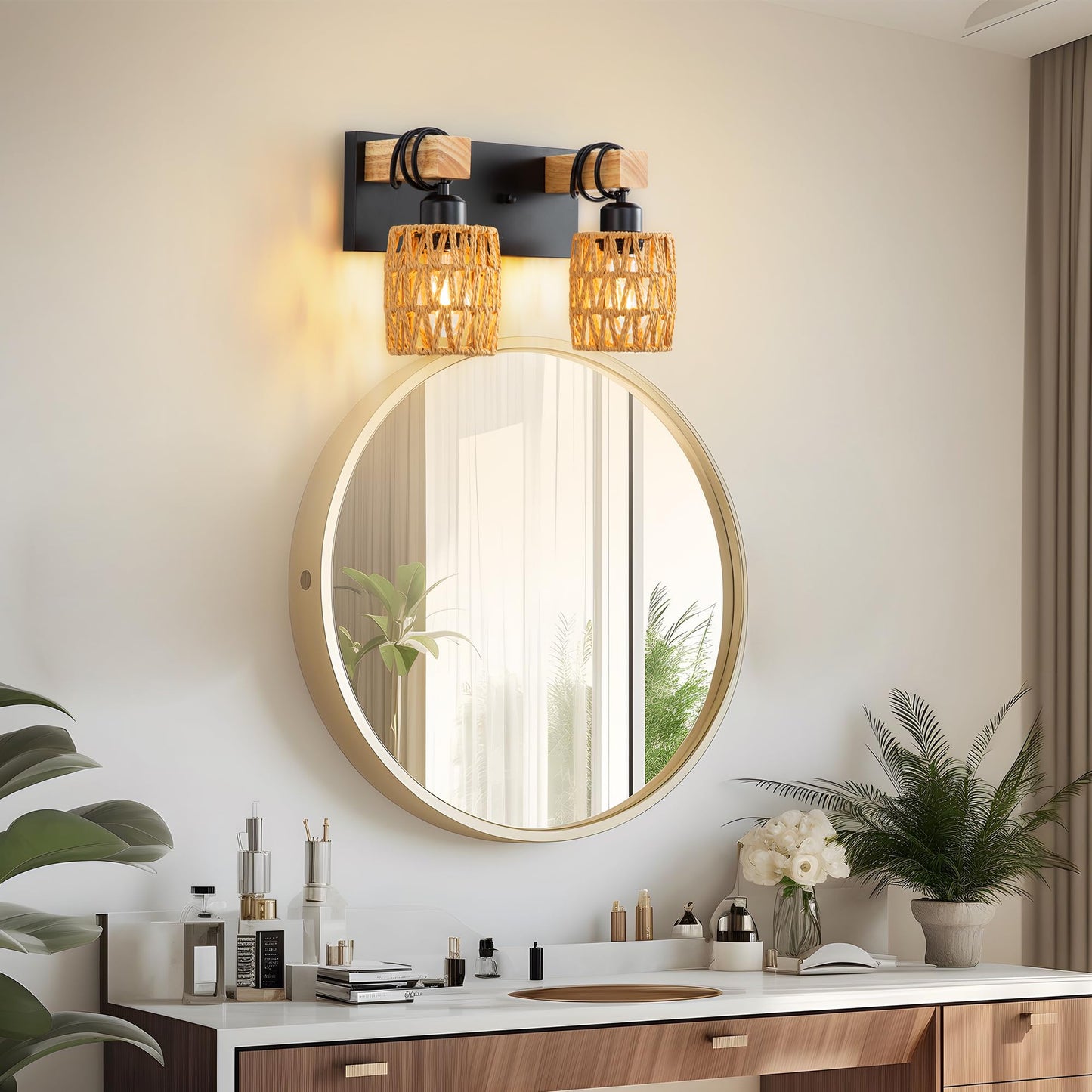 2-Light Boho Bathroom Vanity Light Fixture, Handwoven Rattan Wall Sconce with Solid Wood Arm, Farmhouse Wicker Bathroom Lighting Over Mirror, E26 Wall
