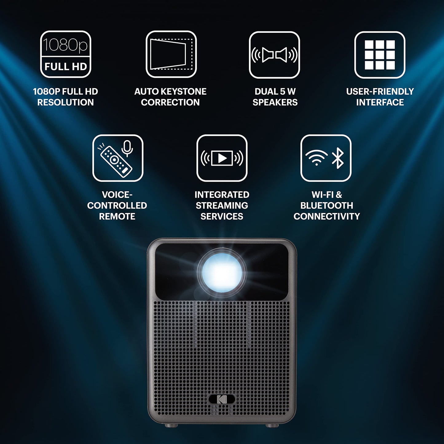 KODAK FLIK HD10 Smart Projector | Android TV 1080P FHD Video Projection System with Google Assistant, Wi-Fi, Bluetooth 5.0, HDMI, USB, Aux & Built-in