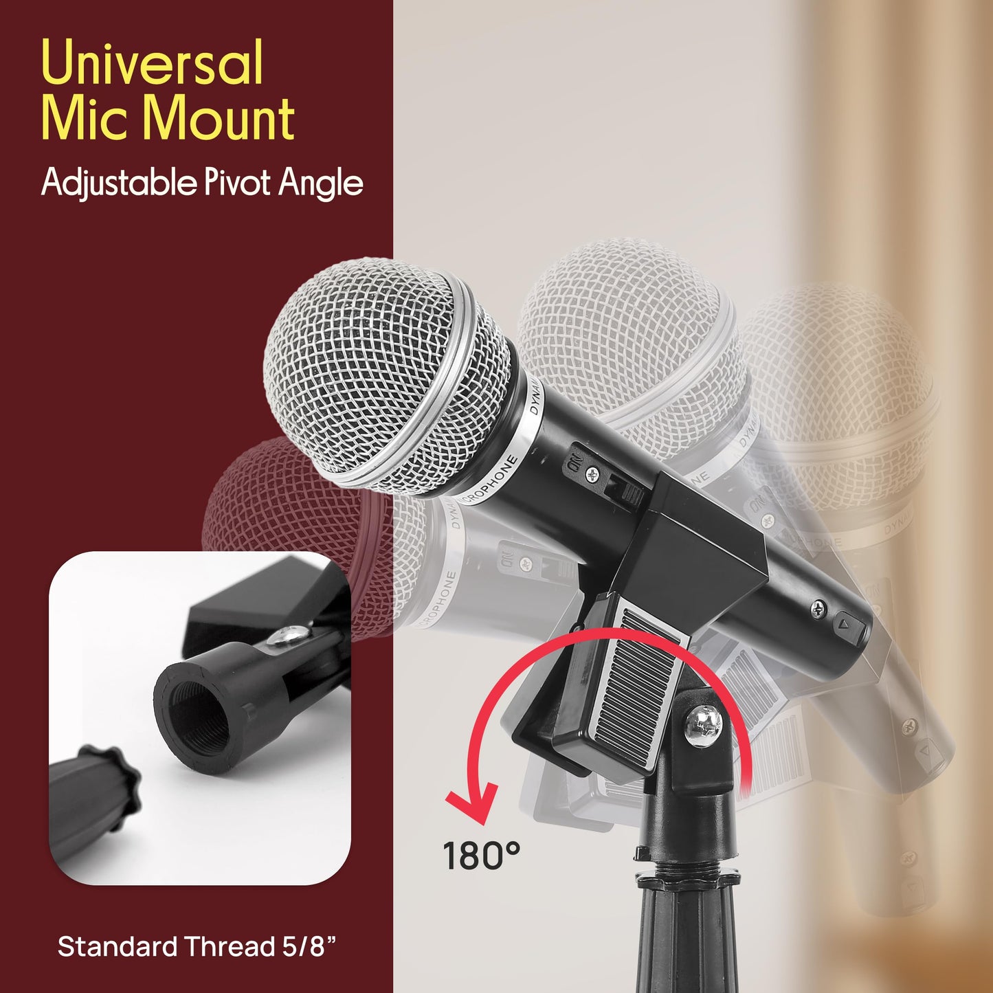 Pyle Square Base Microphone Stand with Mic Clip - Heavy Duty, Height Adjustable, 36.2" to 63.38'', Solid Die-Cast Base, Studio & Concert Use