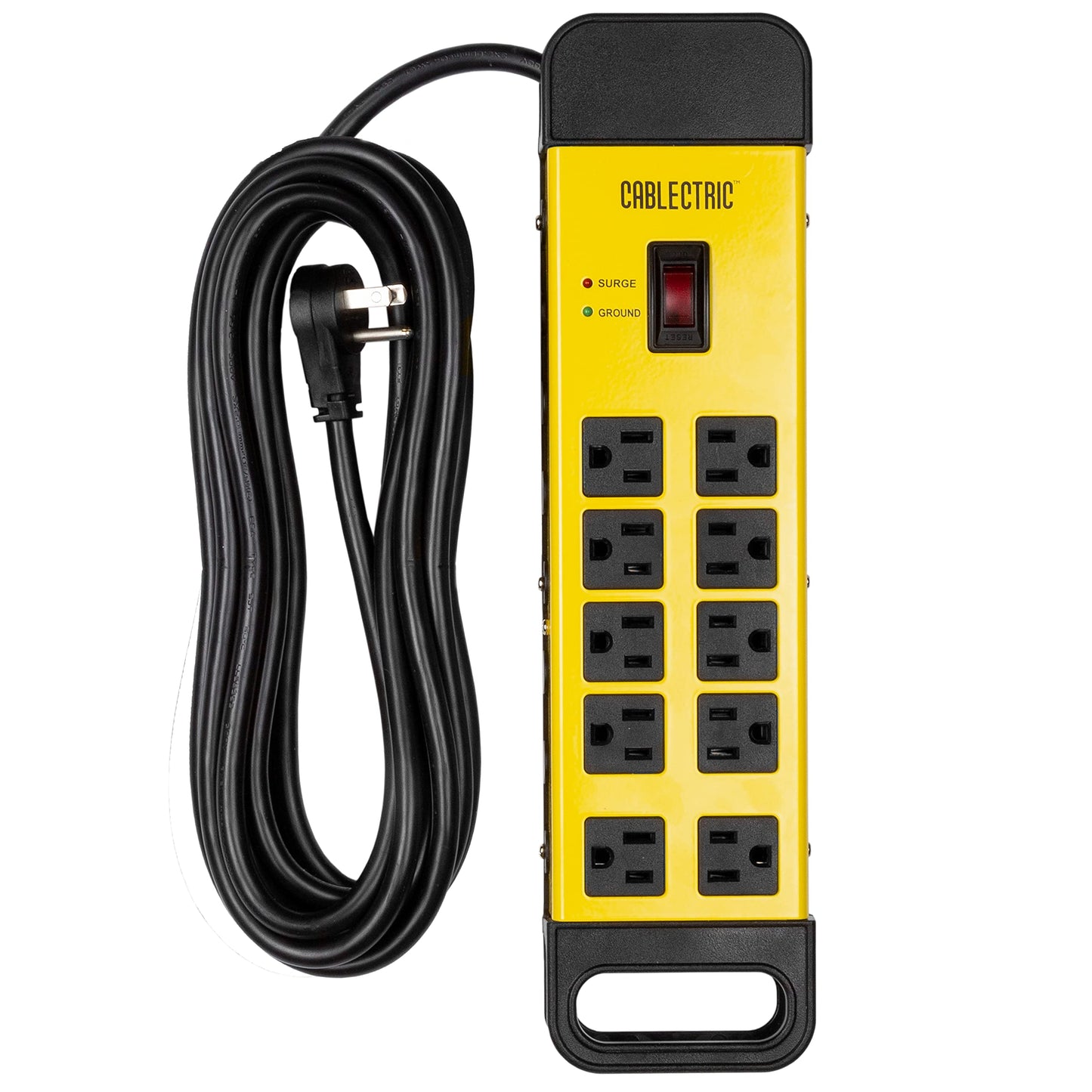 10 Outlet Heavy Duty Surge Protector Power Strip - Industrial Black and Yellow Metal Surge Protector with 15 Foot Extension Cord | Cablectric is an
