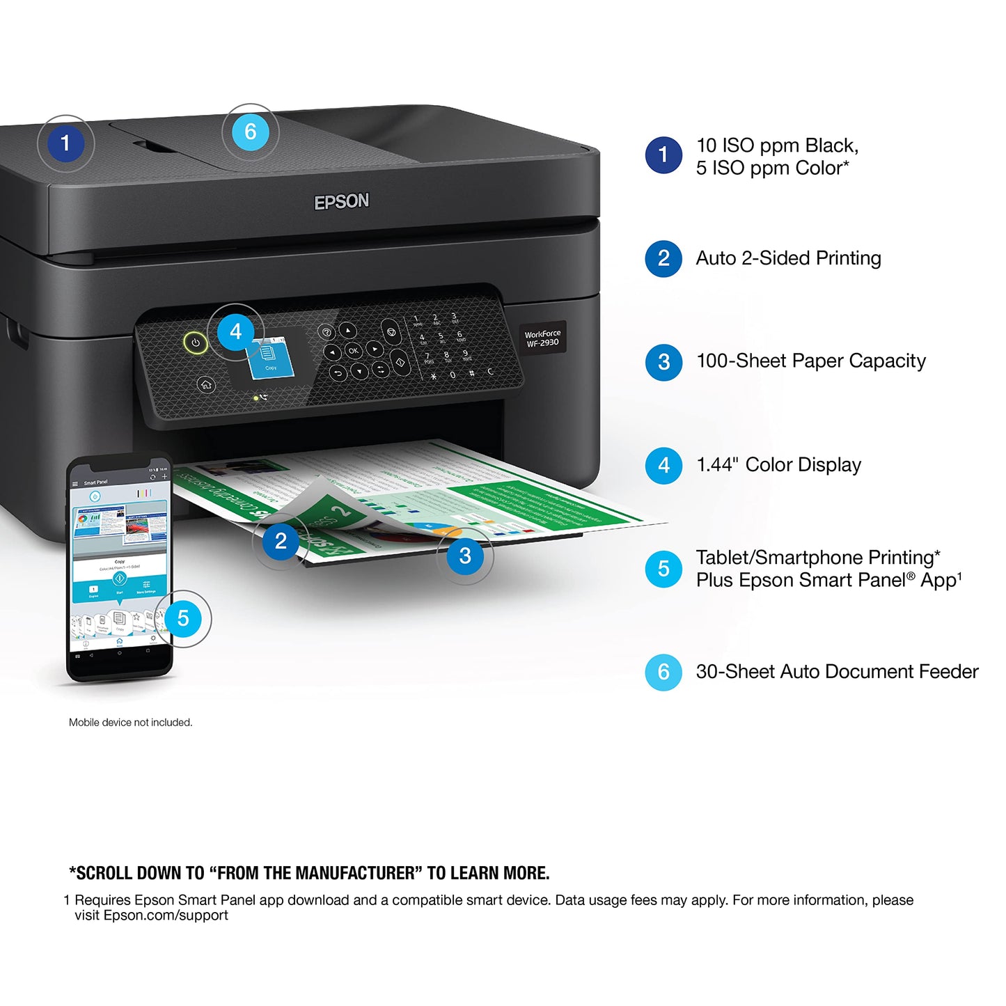 Epson Workforce WF-2930 Wireless All-in-One Printer with Scan, Copy, Fax, Auto Document Feeder, Automatic 2-Sided Printing and 1.4" Color