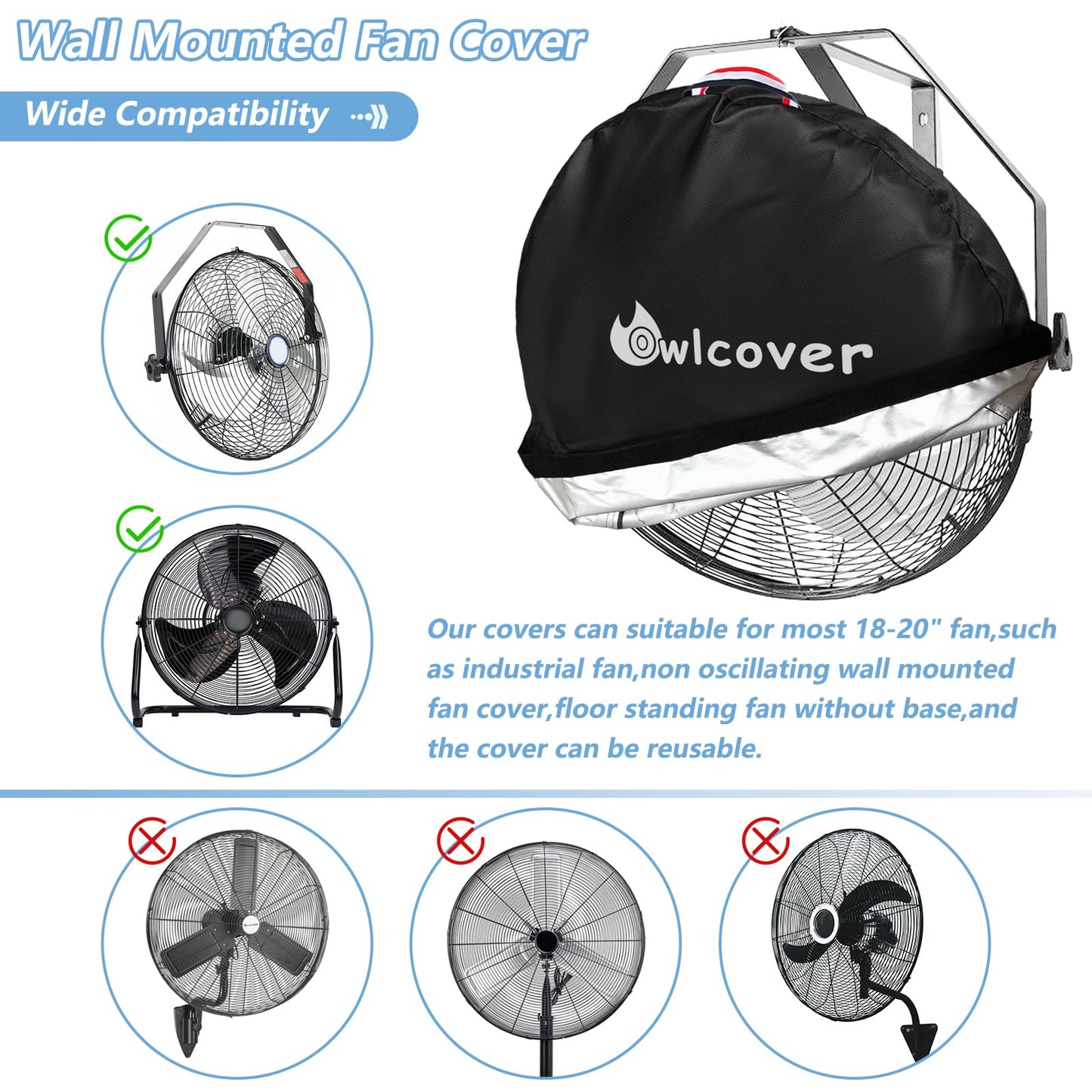 Owlcover Wall Mounted Non Oscillating Fan Cover 18-21 Inch Heavy Duty 600D Waterproof Dustproof Industrial Outdoor Fan Protector Black (Cover Only)