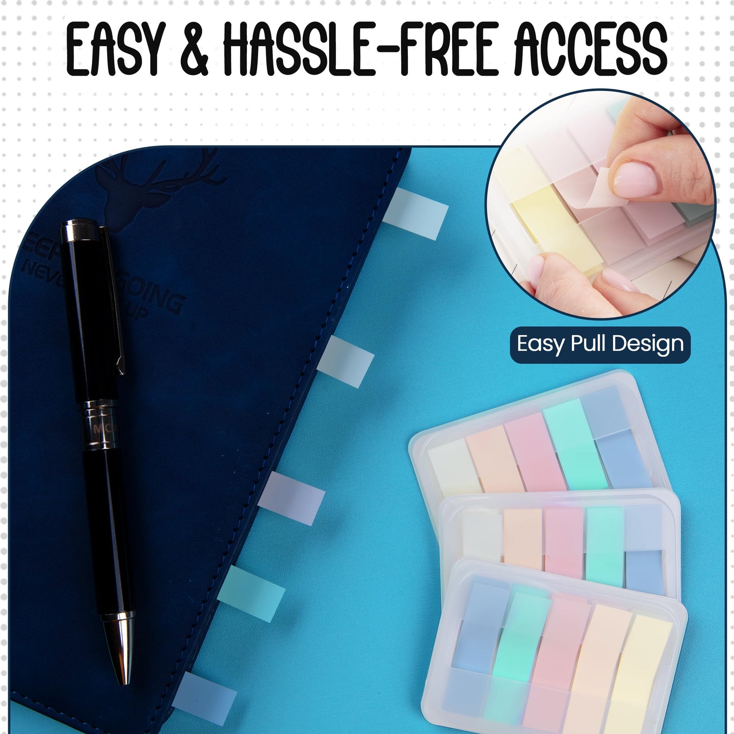 Essex Wares - 300 Pieces - Transparent Sticky Notes Tabs with Case - 5 Muted Colors - 3 Cases - 1.8" x 0.4" - 60 Pieces Each Color - Pop Up Index Tabs