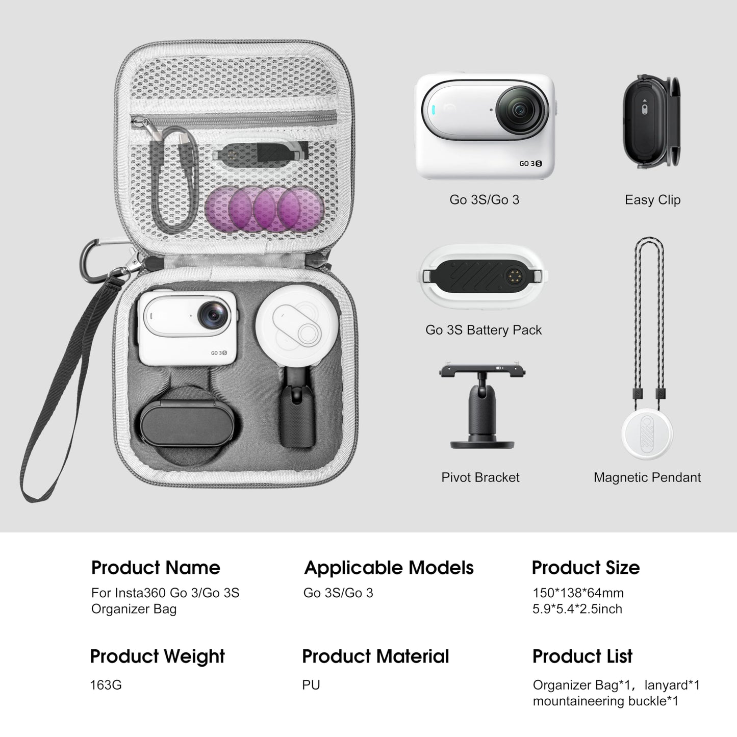 STARTRC VCR Carrying Case for Insta360 GO 3S Accessories Storage Bag Mini Protective Travel Case Compatible for Insta 360 GO 3S/3 Action Camera Grey