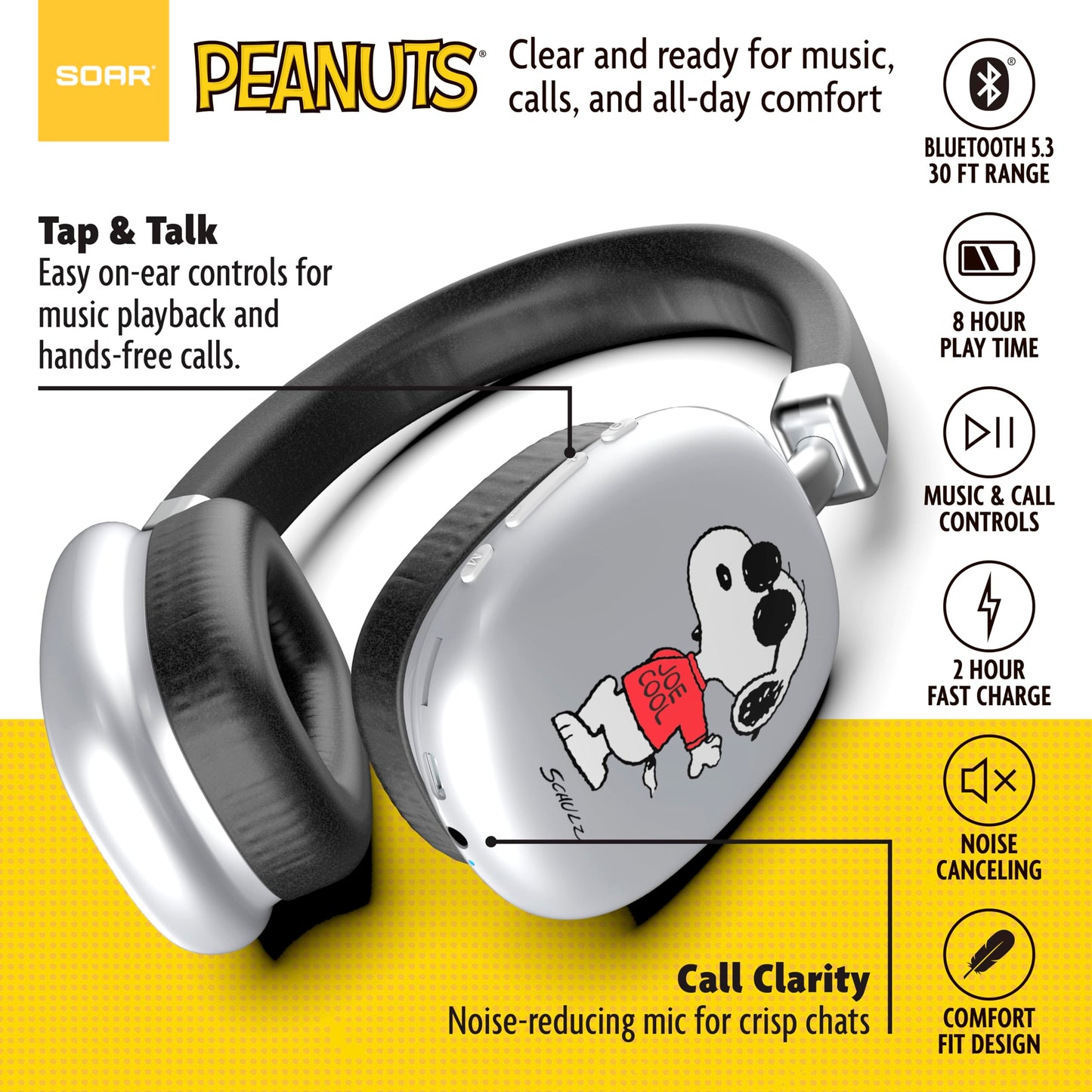 SOAR Peanuts Active Noise Cancelling Wireless Headphones Silver- Snoopy