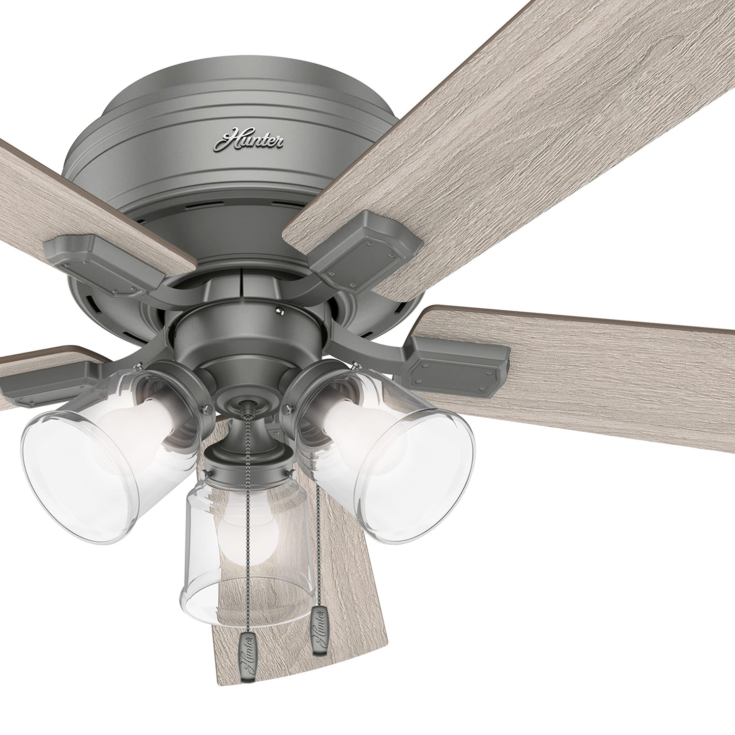 Hunter Fan 52 inch Low Profile Matte Silver Indoor Ceiling Fan with Lights and Pull Chain for Bedroom, Living Room, Office, Basement, Kitchen, Dining