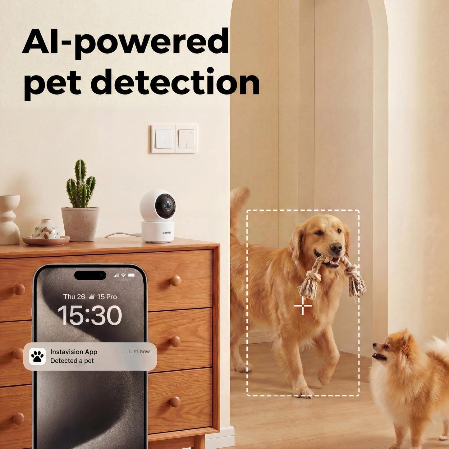 Sirwu AI Pet Camera Indoor with Phone App, Dog Camera with Speaker, Multi-Pet Recognition & AI Day Summary, 2K 3MP Cat Camera for Indoor, 360° Auto