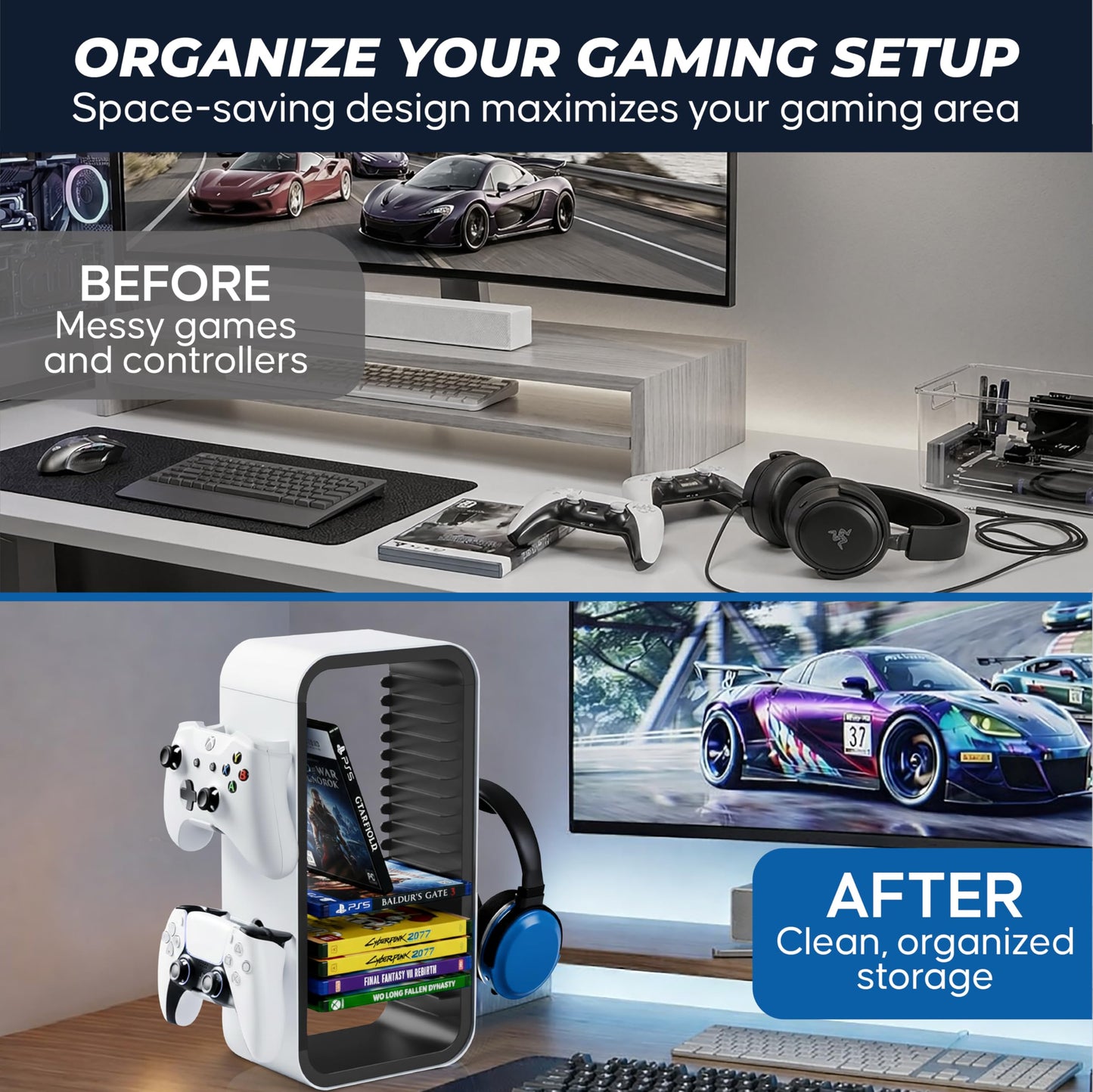 Tideal Universal Games Storage Tower Pro - for Up to 18 Games - with Controller Holder for up to 4 Gamepads - Gaming Accessories for PS5, PS4, PS3