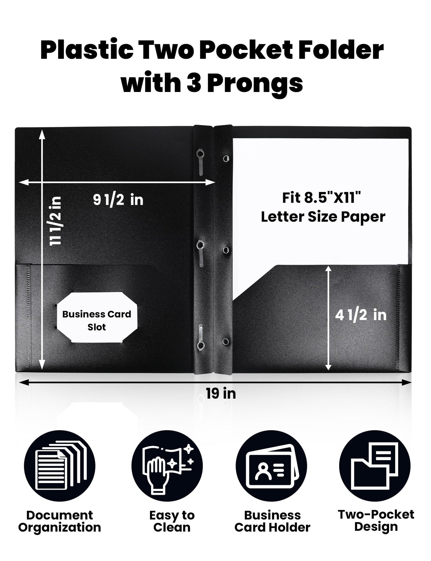 SUNEE 2 Pocket Folders with Prongs (3 Pack, Black) Plastic Folders with Pockets and Prongs Fit Letter Size, Poly Folders with Pockets for School