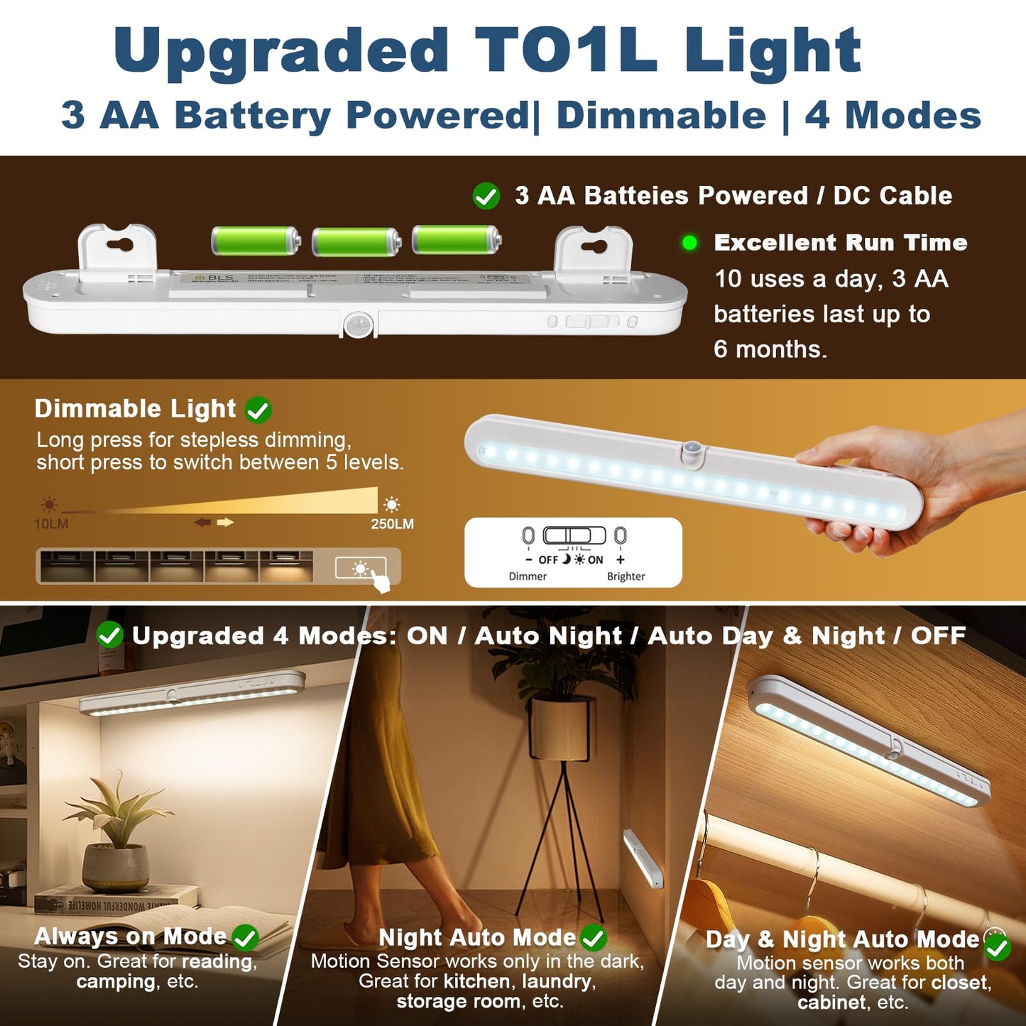 BLS T01L LED Closet Light, Super Bright 20 LED Under Cabinet Lighting Battery Powered/DC Input Wireless Motion Sensing Light, Auto On Off Switch