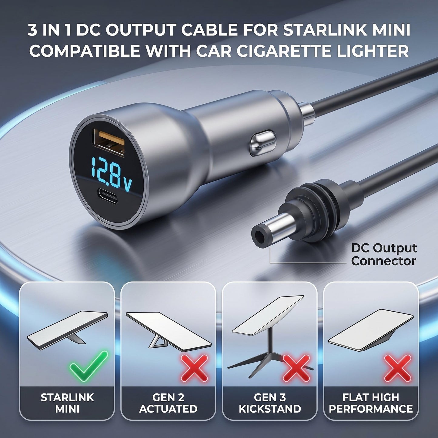 Star.Link Mini Cable,Star.Link Mini Accessories Car Charger, 3-in-1 DC Power Cable with 12V-48V Cigarette Lighter Adapter,PD 30W + USB-A 30W + DC 72W